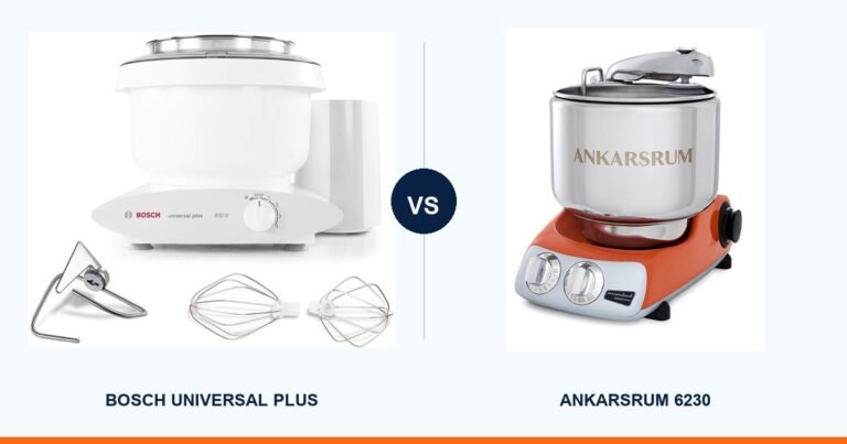 Bosch Universal Plus and Ankarsrum 6230 stand mixers side by side
