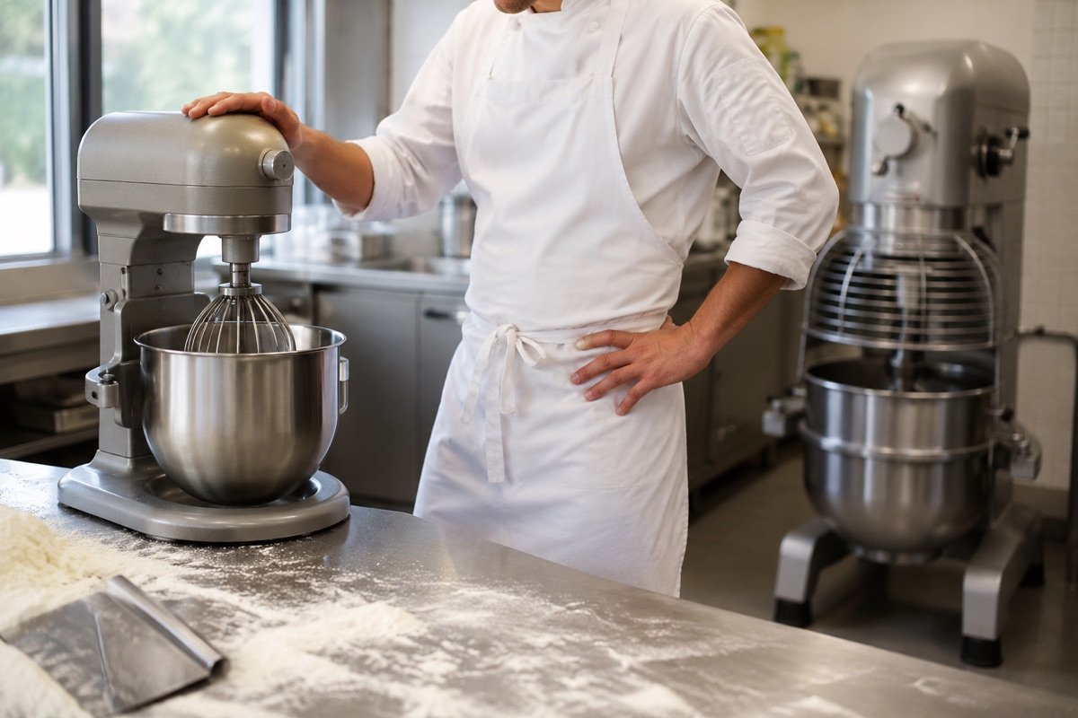 A baker evaluating a stainless steel countertop planetary mixer with a larger floor mixer behind it in a commercial kitchen