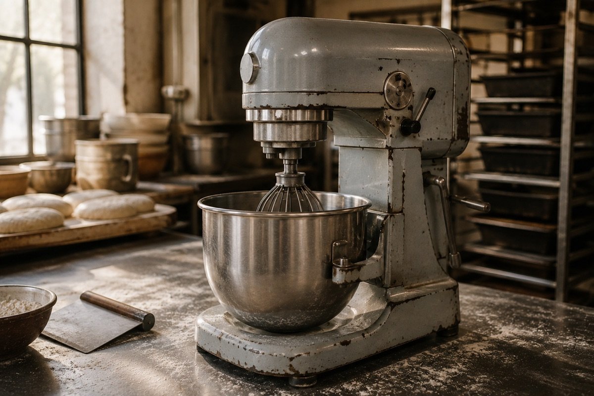 A well-worn but well-maintained vintage commercial planetary mixer with chipped grey enamel and a bright stainless bowl, still in service on a bakery bench