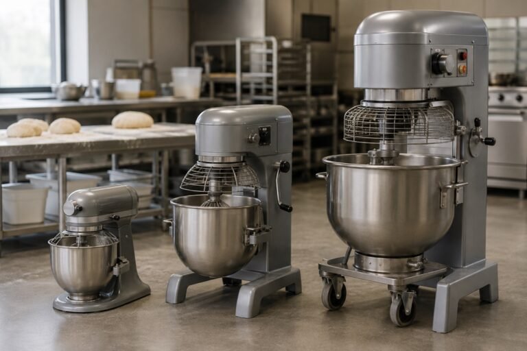 A 5-quart countertop mixer, 20-quart bench mixer, and 60-quart floor mixer side by side in a commercial bakery kitchen