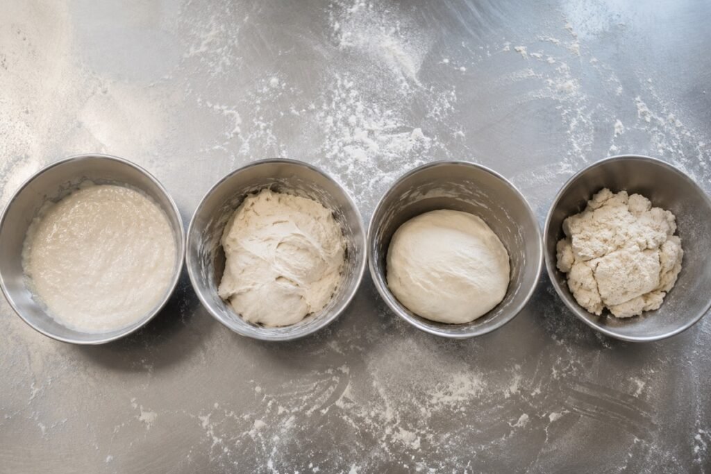 Four stainless bowls showing dough at decreasing hydration: wet batter, soft bread dough, firm dough ball, and stiff low-hydration dough