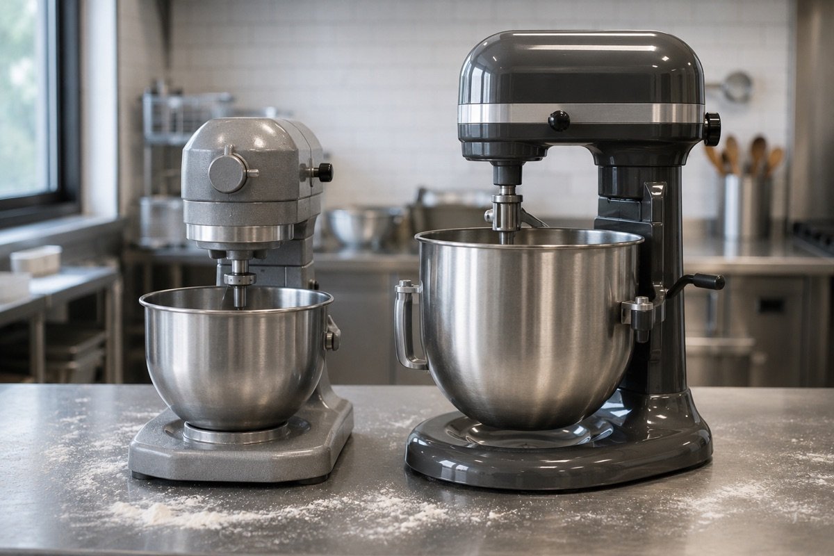 A compact all-metal 5-quart commercial countertop mixer beside a taller 8-quart bowl-lift stand mixer on a flour-dusted stainless counter