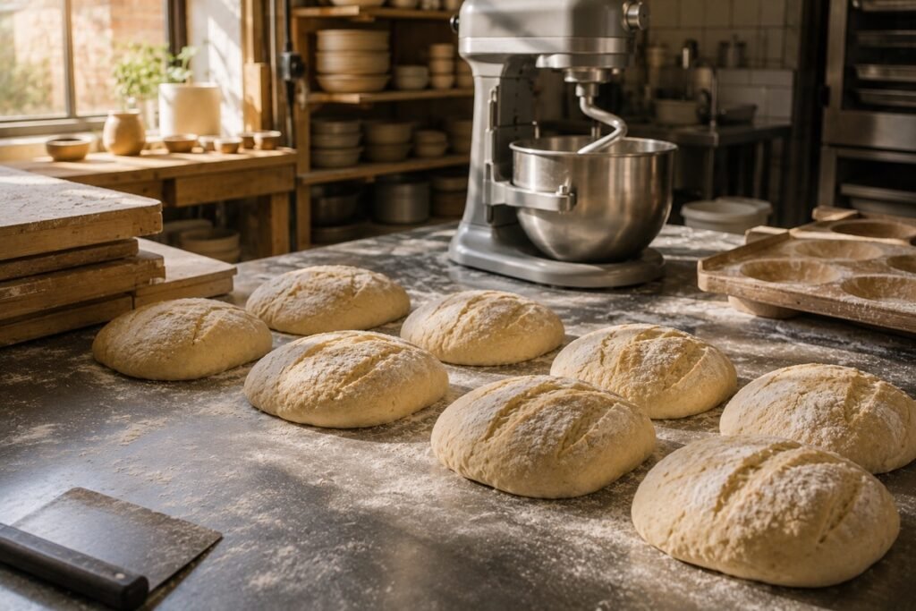 Rows of shaped and floured bread loaves proofing on a flour-dusted bakery bench with a commercial planetary mixer behind them