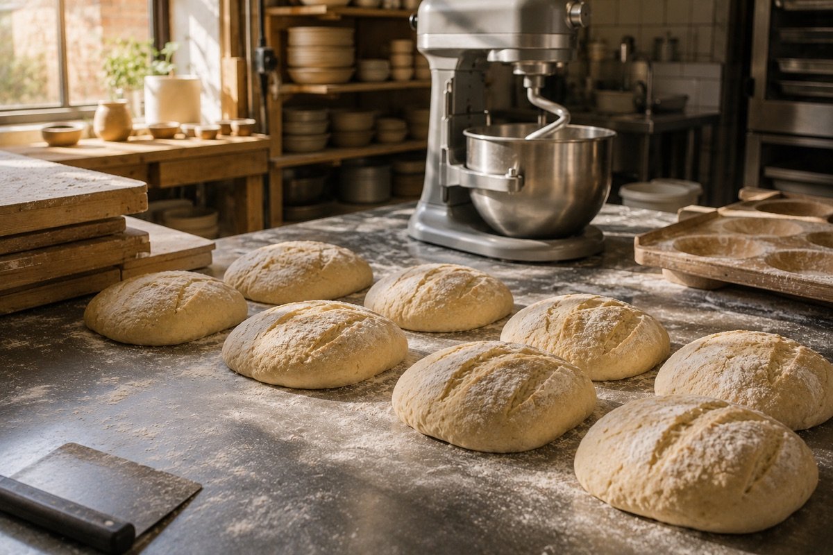 Rows of shaped and floured bread loaves proofing on a flour-dusted bakery bench with a commercial planetary mixer behind them