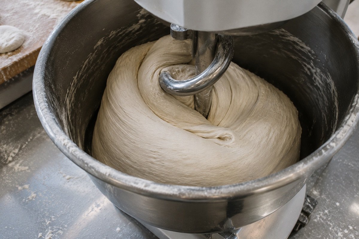Pizza dough being folded by a spiral dough hook in a stainless commercial mixer bowl, showing developed gluten structure